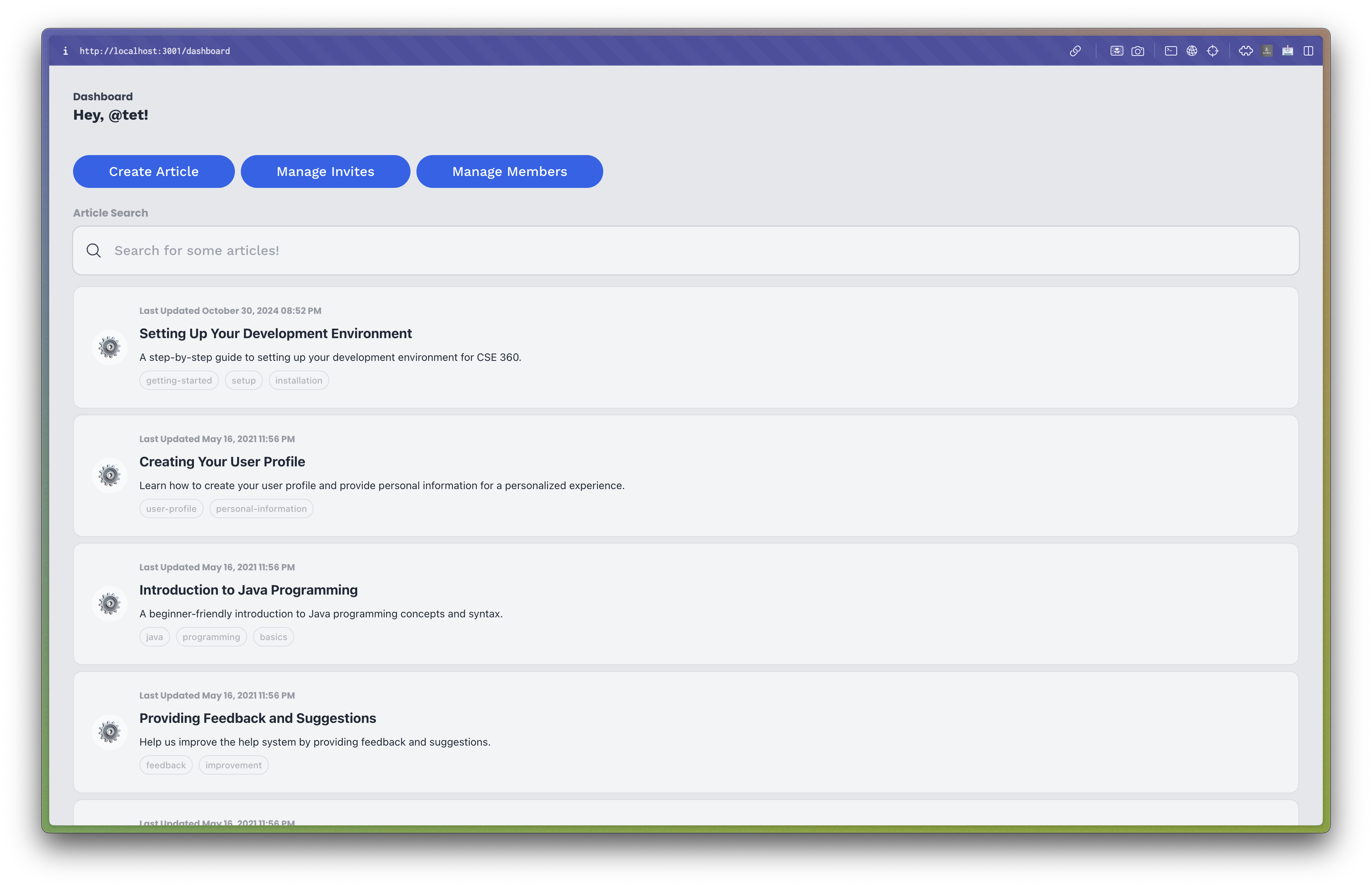 Dashboard Page with Admin